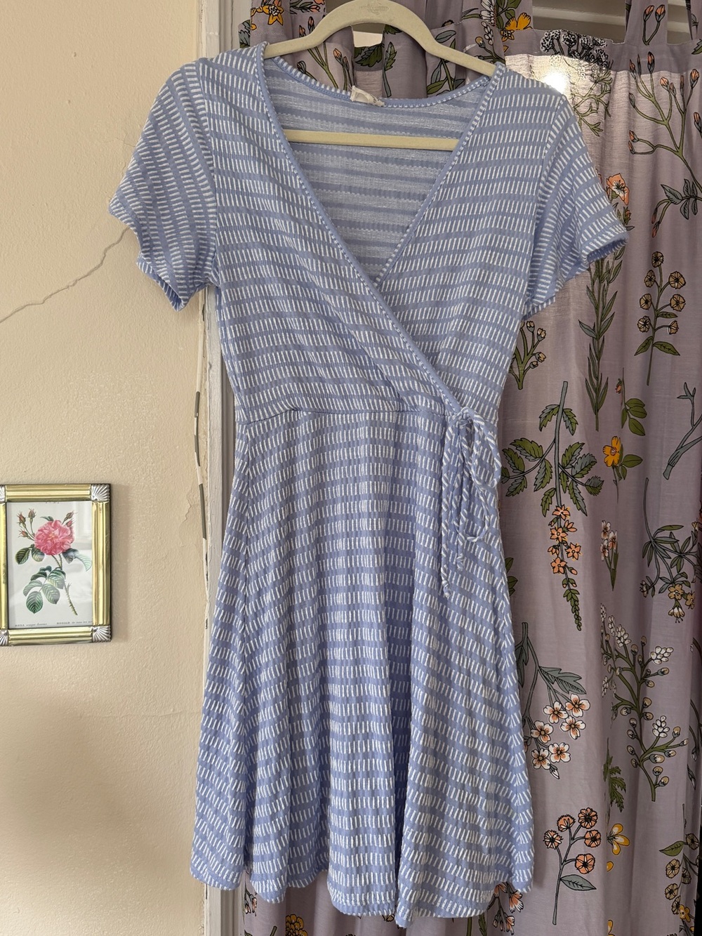 Blue and White Patterned Wrap Dress With Tie Waist